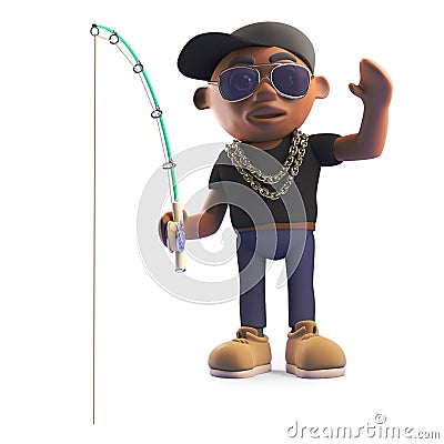 Black hiphop rapper in baseball cap with fishing rod and waving, 3d illustration Cartoon Illustration