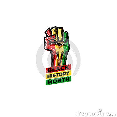 Black history month square banner with protest raised fist colored in African flag isolated on white background. Vector Vector Illustration