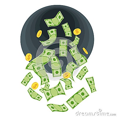 Black Hole Money. Waste of money. Banknotes fly away. Vector Illustration