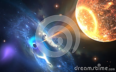 Black hole or a neutron star and pulling gas from an orbiting companion star. Stock Photo