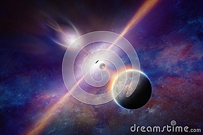 Black hole pulls planets and stars Stock Photo