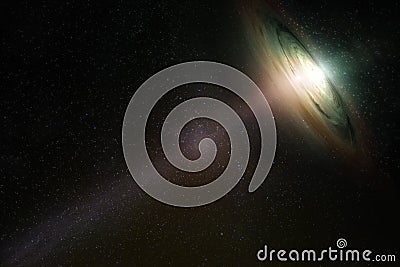 Black hole whirligig form with nebula over colorful stars and cloud fields in outer space. Stock Photo