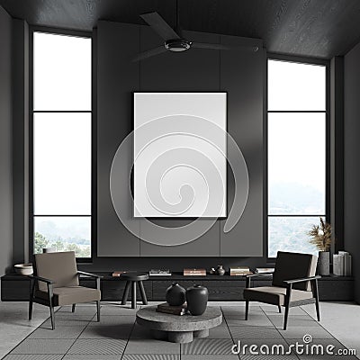 Black home relax room interior armchairs and window, mockup frame Stock Photo