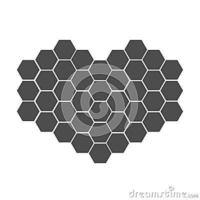 Black honeycomb set in shape of heart. Beehive element. Honey icon. Isolated. White background. Flat design. Vector Illustration