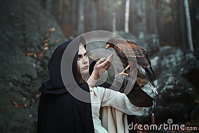 Black hooded huntress with hawk Stock Photo