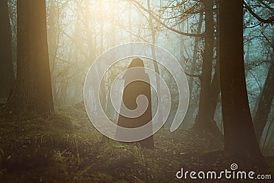 Black hooded person in a surreal forest Stock Photo
