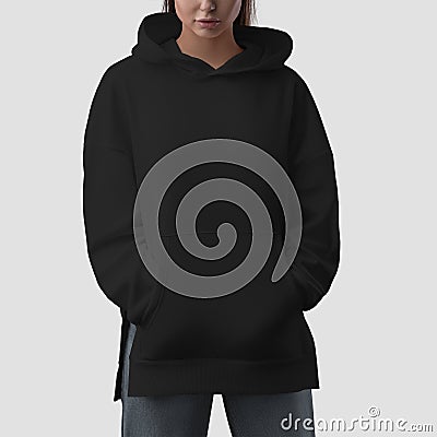 Black hoodie mockup with side slits on a girl with hands in pockets, front view closeup, product photography for design, brand Stock Photo