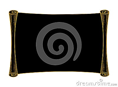 Black horizontal scroll with gold outline, ancient scroll shape with copy space for text, vector line drawing, engraving Vector Illustration