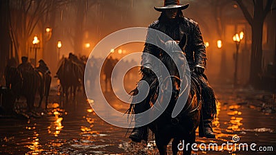 Black horseman of apocalypse riding black horse AI Stock Photo