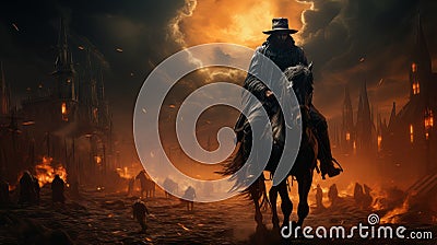 Black horseman of apocalypse riding black horse AI Stock Photo