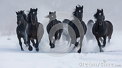 Black Horses Galloping - A Beautiful Generative AI Art Capture in Snow Stock Photo