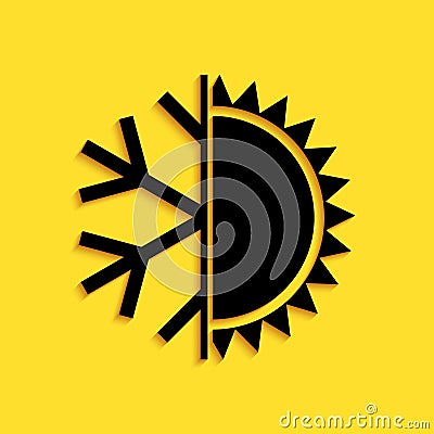 Black Hot and cold symbol. Sun and snowflake icon isolated on yellow background. Winter and summer symbol. Long shadow style. Stock Photo