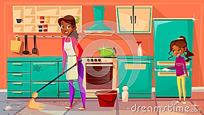 Black housewife cleaning kitchen vector illustration Vector Illustration