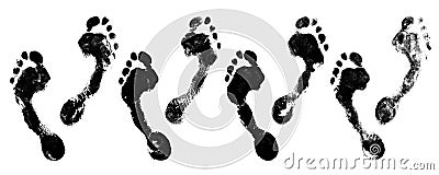 Black human footprints set on white background isolated closeup, barefoot person foot print pattern collection, group of footstep Cartoon Illustration