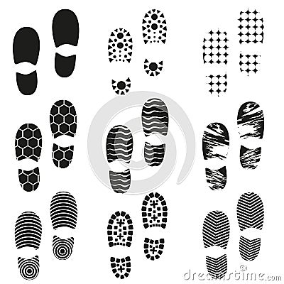 Black human shoes footprint various sole Vector Illustration