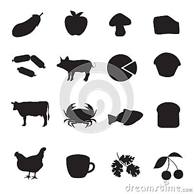 Black icon collection of different type of food Vector Illustration