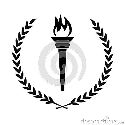 black icon of flame burning torch with laurel wreath leaves circle simple color flat vector illustration symbol of victory, sport Vector Illustration