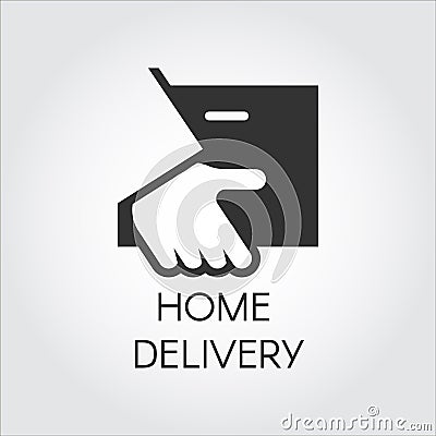 Black icon of hand holding parcel in flat style. Home delivery, fast and convenient service concept logo Vector Illustration