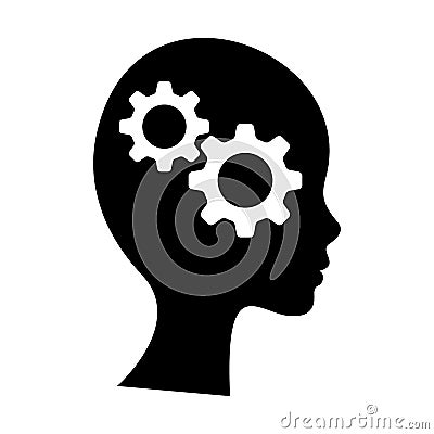 Black icon of head of man and cogwheel. Silhouette of head and gear wheel. Vector Flat design Vector Illustration