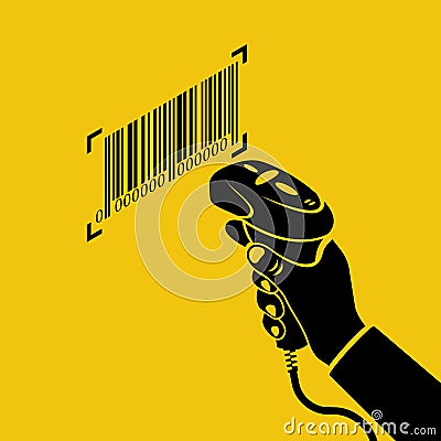 Black icon operator holds a barcode scanner hand Vector Illustration