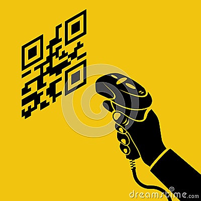 Black icon operator holds a qr-code scanner hand. Vector Illustration