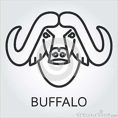 Black icon style line art, head wild animal buffalo, bull. Vector Illustration