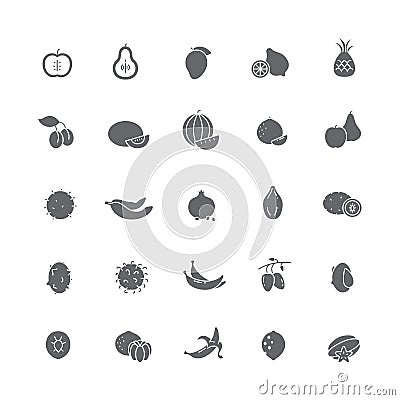 Black icons with different fruits. Vector Illustration
