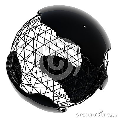 black icosphere, triangular mesh ball covered with black flowing matter, black glossy liquid covers the spherical frame, abstract Stock Photo