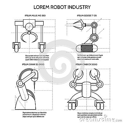 Black industrial robotic armed machines Vector Illustration