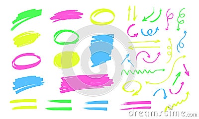 Colorful highlighter doodles isolated on white background. Frames for text, lines and arrows drawn with markers. Vector Illustration