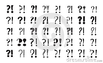 Black ink abstract and isolated assorted question marks and exclamation marks icons set design element on white Vector Illustration