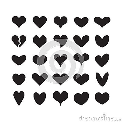 Black ink cute silhouette and isolated different beautiful heart shapes icons set on white Vector Illustration