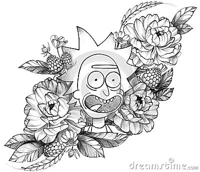 Black Ink Detailed Tattoo Funny Rick in Floral Composition Stock Photo