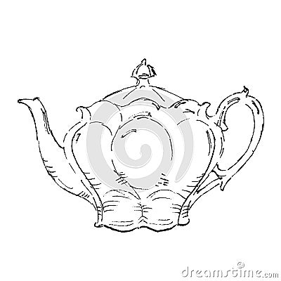 The black ink drawing of classic teapot isolated on white background. Vector illustration. Vector Illustration