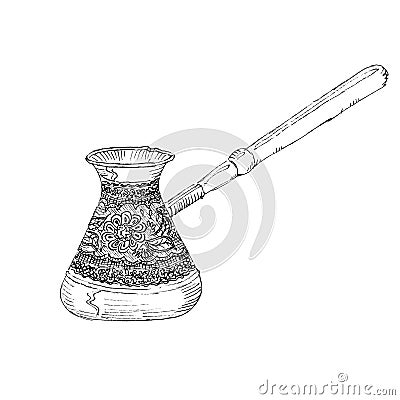 The black ink drawing of turk coffee maker isolated on white background. Vector illustration. Vector Illustration