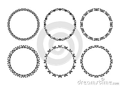 Black ink empty isolated round borders motif emblems set design elements set on white background Vector Illustration