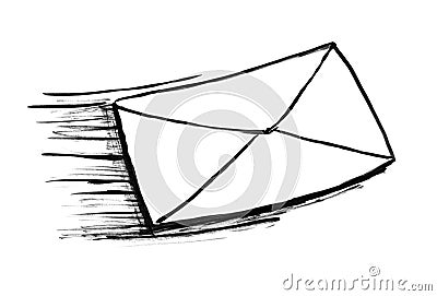 Black Ink Grunge Hand Drawing of Fast Moving Post Mail Envelope or Letter Stock Photo