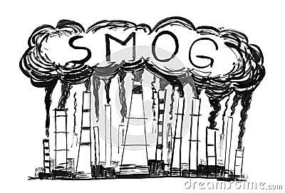 Black Ink Grunge Hand Drawing of Smoking Smokestacks, Concept of Industry or Factory Air Pollution or Smog Stock Photo