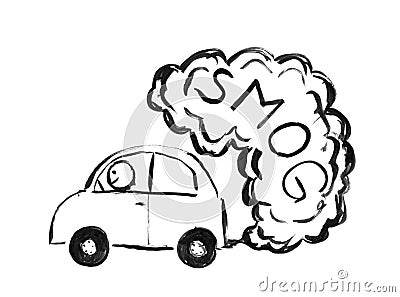 Black Ink Hand Drawing of Car Producing Air Smog Pollution Stock Photo