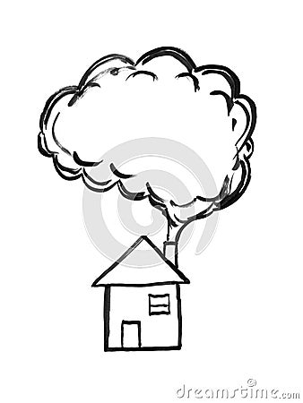 Black Ink Hand Drawing of Smoke Coming from House Chimney, Air Pollution Concept Stock Photo