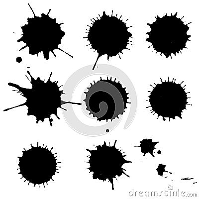 Black ink paint spots. Drops texture isolated on white background. Set for grunge splash textures. Vector illustration. Vector Illustration