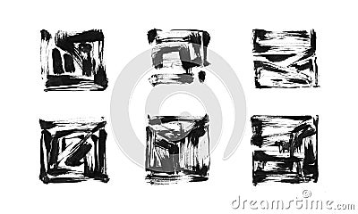 Black ink painted grunge dirty square frame collection. Isolated quadrate shape illustration, texture brush strokes Cartoon Illustration