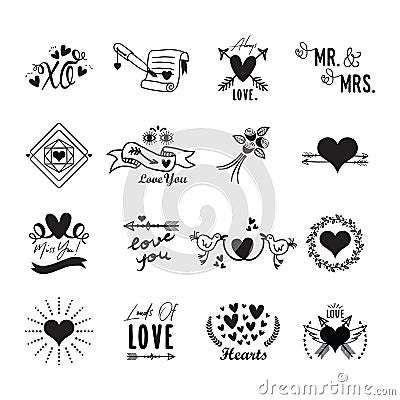 Black ink silhouette love and heart cute Valentine assorted icons design elements set on white Vector Illustration