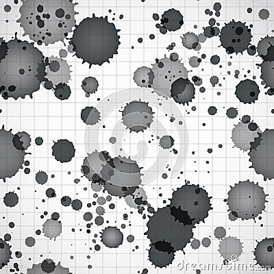 Black ink splats on a copybook page seamless background. Vector Illustration