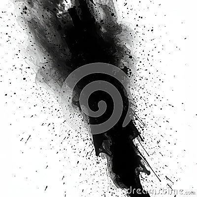 Black ink splatter on a white background creates an abstract, dynamic pattern. Central Stock Photo