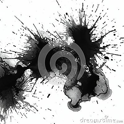 Black ink splatters on a white background create an abstract, chaotic pattern. Multiple Stock Photo
