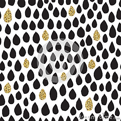 Black ink, white and gold glitter vector seamless drop pattern. Vector Illustration