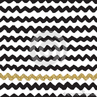 Black ink, white and gold glitter vector seamless zigzag pattern Vector Illustration