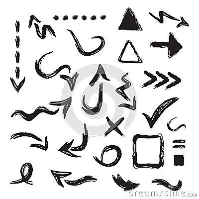 Black inky curvy direction arrows and sign and symbol icons set on white Vector Illustration