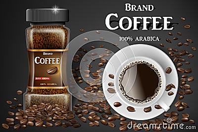 Black instant coffee cup top view and beans ads. 3d illustration of hot coffee mug. Product design with bokeh background Vector Illustration